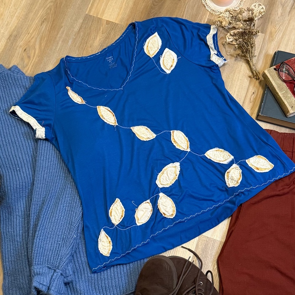 Upcycled Blue Leaf Raw Appliqué Top with Vine Design Vintage Crochet Trim